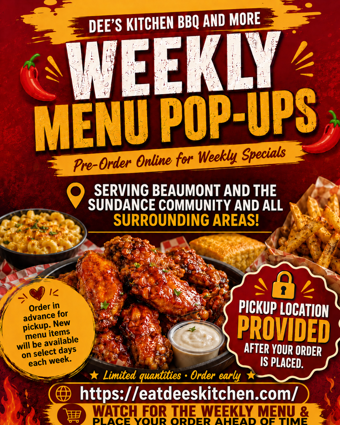 Dee's Kitchen Weekly Menu Pop-Ups — Pre-Order Online for Weekly Specials, Serving the Sundance Community in Beaumont, California